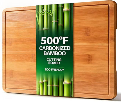 Zarler Bamboo Cutting Boards for Kitchen, 15.5x10.5 Wood Cutting Board with Juice Grooves and Handle, Wooden Chopping Board Set for Meal Prep, 500℉ Carbonized Bamboo, XL Size, Ideal Kitchen Gift