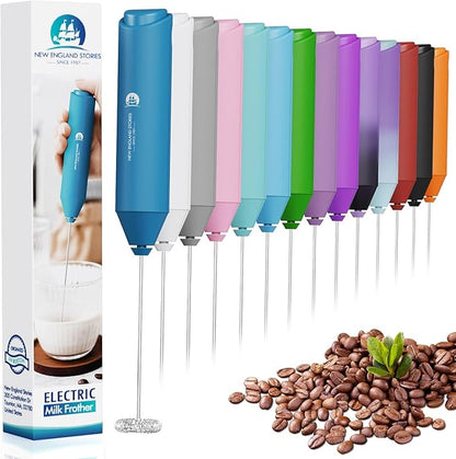 England Stories Electric Milk Frother Handheld, Battery Operated Whisk Beater Foam Maker for Coffee, Cappuccino, Latte, Matcha, Hot Chocolate, Mini Drink Mixer, No Stand, Metal Blue by NewEnglandStories