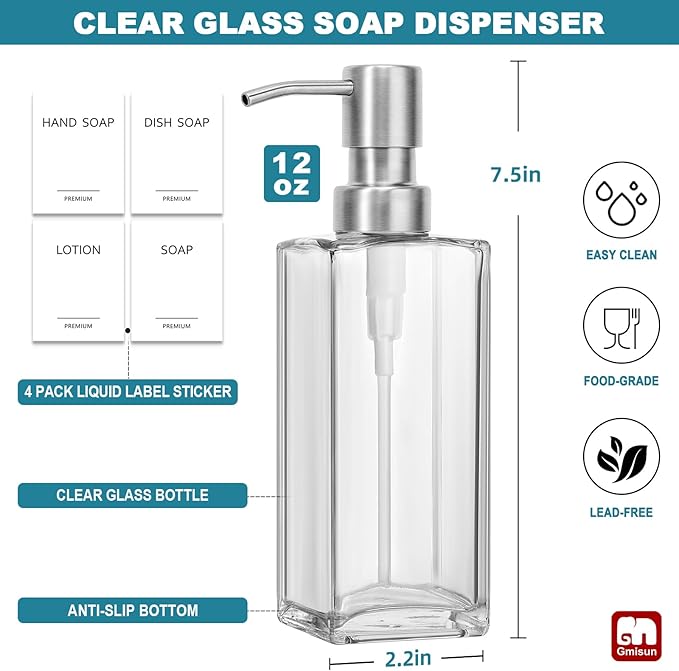 GMISUN Glass Soap Dispenser with Stainless Steel Pump, Clear Hand Soap Dispenser for Bathroom, 12 fl oz/350ml Hand and Dish Soap Dispensers Set for Kitchen, Refillable Liquid Soap and Lotion Bottle - Image 2