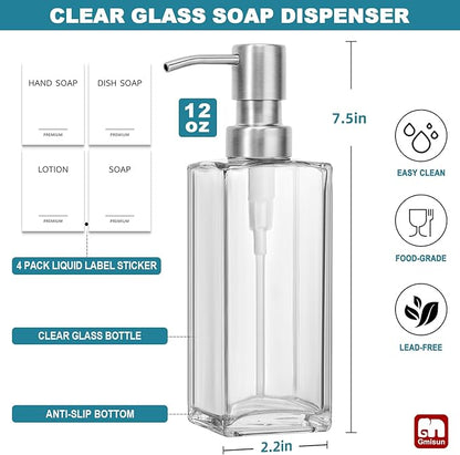 GMISUN Glass Soap Dispenser with Stainless Steel Pump, Clear Hand Soap Dispenser for Bathroom, 12 fl oz/350ml Hand and Dish Soap Dispensers Set for Kitchen, Refillable Liquid Soap and Lotion Bottle - Image 2