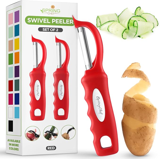 Spring Chef Professional Red Swivel Vegetable Peeler for Kitchen, Stainless Steel Potato Peelers with Soft Grip Handle, Perfect for Peeling Apple, Veggie, Fruit, Carrot, Dishwasher Safe - Set of 2 by SpringChef