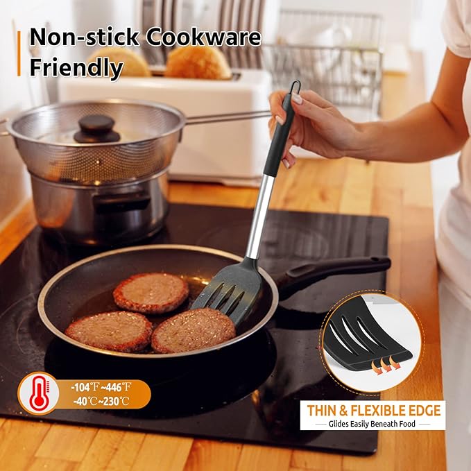 E-far Cooking Utensils Set of 4, Silicone Kitchen Utensils for Non-stick Cookware, Heat Resistant & Non-toxic Slotted Spatula Solid Spoon Turner for Flipping Mixing Serving Basting(Black) - Image 6