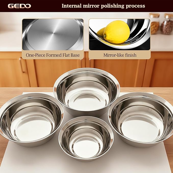 GEDO Stainless Steel 4 Piece Mixing Bowls Set, SUS316 Metal Nesting Bowls, Silver, Kitchen Food Prep Serving Bowls (7.07/8.64/10.21/11.79 in)