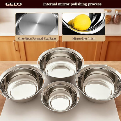 GEDO Stainless Steel 3pcs, 4pcs Mixing Bowls Set, 316L,Grade, Silver, Nesting Design, Professional Kitchen Bowls (7.86/9.43/11 in)