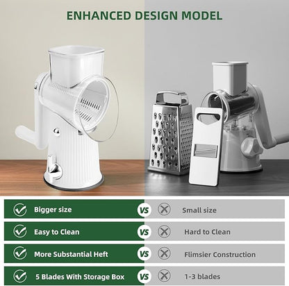 Rotary Cheese Grater with Handle - Vegetable Shredder with 5 Blades & Strong Suction Base, Round Slicer & Food Chopper for Kitchen (White)