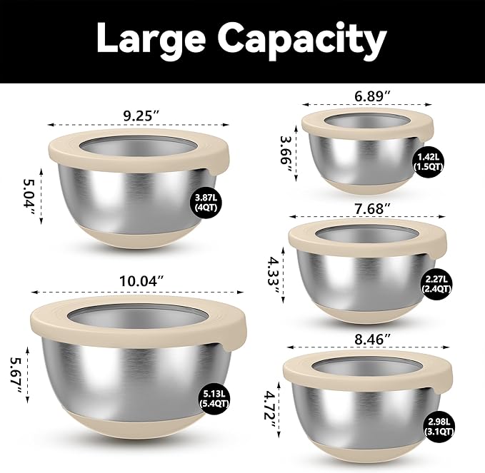 KITEISCAT Stainless Steel Mixing Bowls with Lids – Set of 5 Large Nesting Metal Bowls for Kitchen, Baking, Cooking, Food Prep & Storage, Non-Slip Base, Dishwasher Safe,Khaki - Image 2