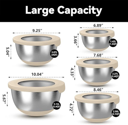 KITEISCAT Stainless Steel Mixing Bowls with Lids – Set of 5 Large Nesting Metal Bowls for Kitchen, Baking, Cooking, Food Prep & Storage, Non-Slip Base, Dishwasher Safe,Khaki - Image 2