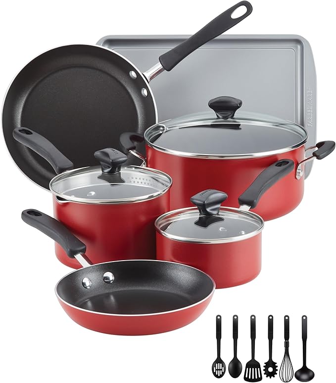 Farberware Cookstart DiamondMax Nonstick Cookware/Pots and Pans Set, Dishwasher Safe, Includes Baking Pan and Cooking Tools, 15 Piece - Red - Image 2