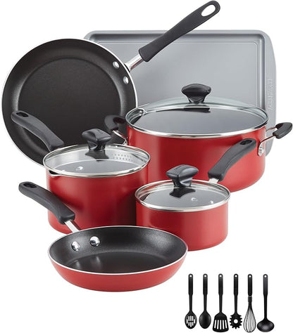 Farberware Cookstart DiamondMax Nonstick Cookware/Pots and Pans Set, Dishwasher Safe, Includes Baking Pan and Cooking Tools, 15 Piece - Red - Image 2