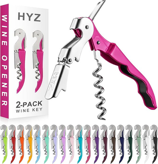 HYZ 2-Pack Wine Opener Waiter Corkscrew, Professional Wine Key for Servers, Bartender with Foil Cutter, Manual Wine Bottle Opener Double Hinged (Fuchsia) by HYZ