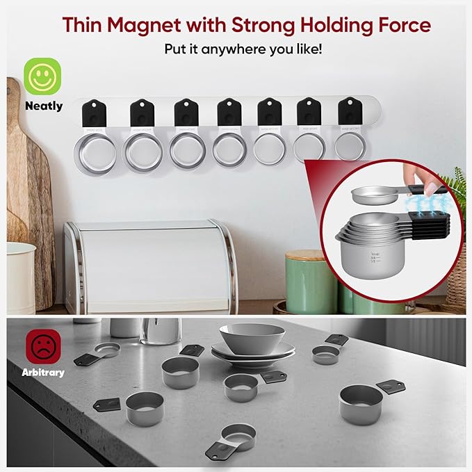Magnetic Measuring Cups & Spoons Set|304 Stainless Steel Dual Scale Set of 15, Strong N52 Magnetic Nesting Design with Leveler, for Dry&Liquid Ingredients, Dishwasher Safe(Black) - Image 6