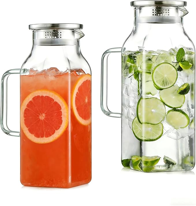 2 Pack 2 Liters/68 oz Square Glass Pitcher with Lid and Handle, Glass Carafe for Hot/Cold Water, Large Iced Tea Pitcher for Coffee, Juice