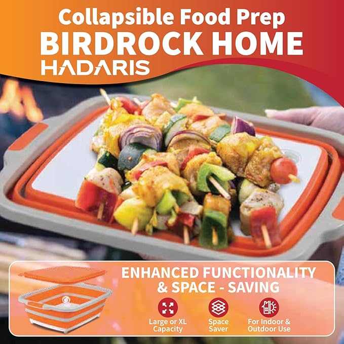 All-in-One Collapsible BBQ Prep Tub - Marinating Station & Food Storage with Built-in Cutting Board & Airtight Lid - Perfect for Grilling, Camping & Kitchen Organization (Orange)