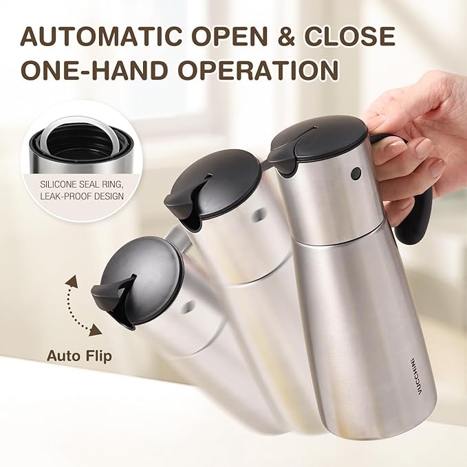 Vucchini Oil Dispenser Bottle Stainless Steel-Auto Flip Kitchen Oil and Vinegar Dispenser Set With Automatic Cap and Stopper - 12.8 oz Non-drip Spout Cruet Bottle - Image 3