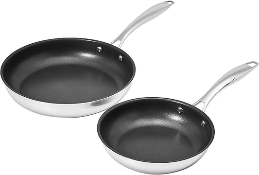 Amazon Basics 2-Piece Non-Stick Stainless Steel Fry Pan Set, Oven Safe, Induction Compatible, Stay-Cool Handles, 10-Inch and 8-Inch by AmazonBasics
