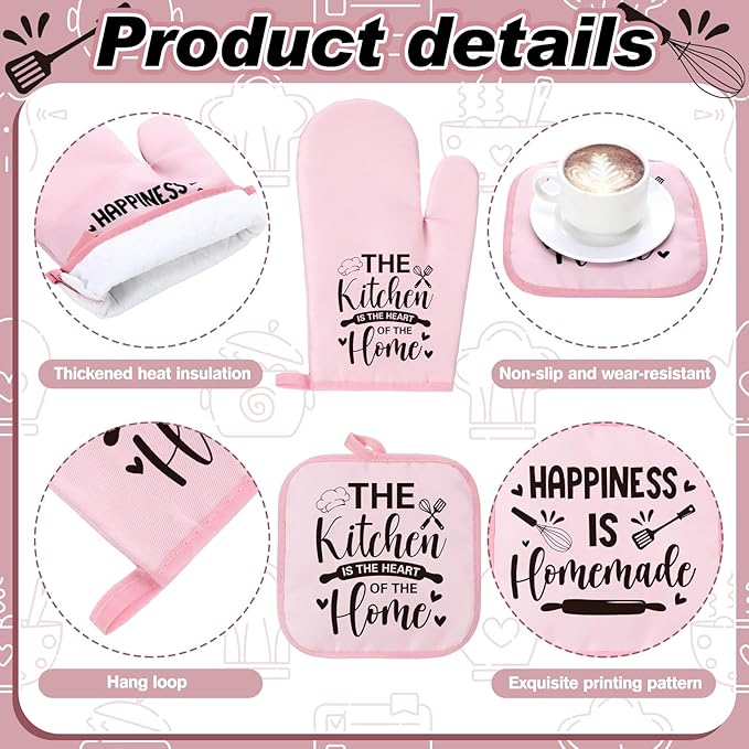 Fourluoo 10 Pcs Farmhouse Kitchen Decor and Accessories Set 4 Kitchen Towels 2 Pot Holders 2 Oven Mitts 2 Rugs for Cooking Baking Mom Housewarming Gifts(Pink,Classic Style) - Image 5