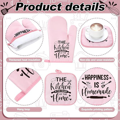 Fourluoo 10 Pcs Farmhouse Kitchen Decor and Accessories Set 4 Kitchen Towels 2 Pot Holders 2 Oven Mitts 2 Rugs for Cooking Baking Mom Housewarming Gifts(Pink,Classic Style) - Image 5