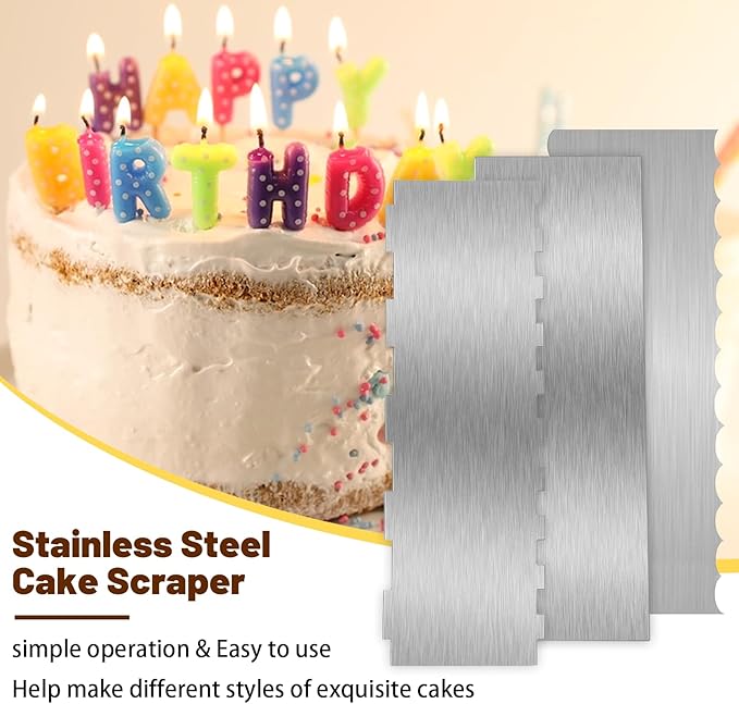3 Pieces 8.7 Inche Stainless Steel Cake Scraper，Double Sided Patterned Edge Stripe Edge Smoother Scraper Cake Decorating，Cake Decorating Comb Cake Scraper (3, 3) - Image 5