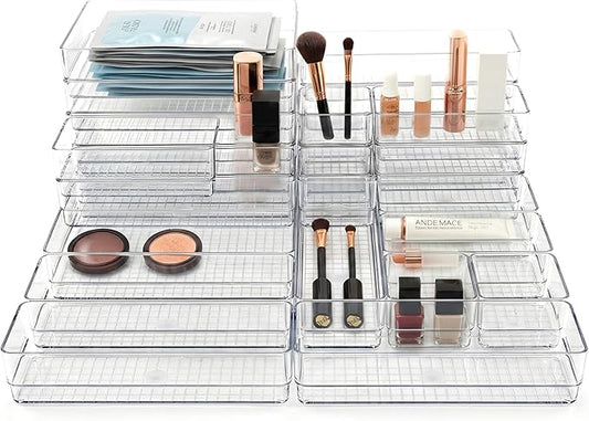 27 PCS Clear Plastic Drawer Organizer Set, 4 Sizes Acrylic Drawer Storage Trays Non Slip Storage Bins for Makeup, Jewelry, Gadgets for Kitchen, Bedroom, Bathroom, Office