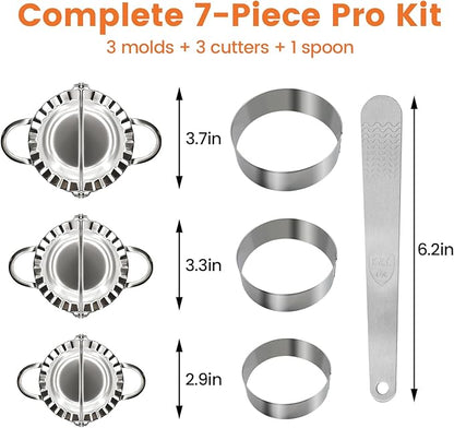 3-in-1 Stainless Steel Dumpling Maker Set - Professional Dumpling Press & Empanada Mold with Dough Cutters (3", 3.4", 3.8") | Includes Stuffing Scoop | Dishwasher Safe