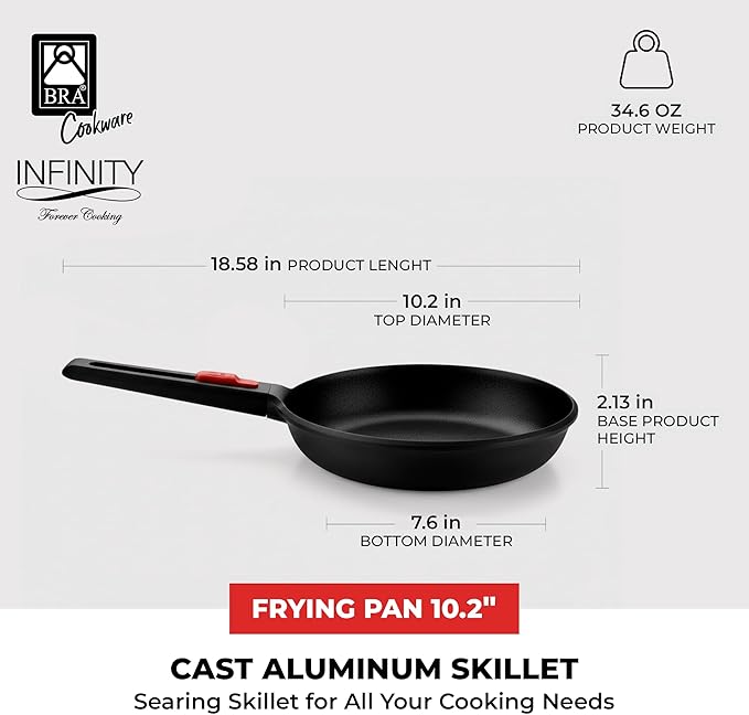 BRA COOKWARE Infinity Nonstick Frying Pan | 10.2-Inch Cast Aluminum Skillet | PFOA/PFAS Free Fry Pan | Removable Handle | All Cooktops (incl Induction) Searing Skillet | Oven Safe up to 425°F