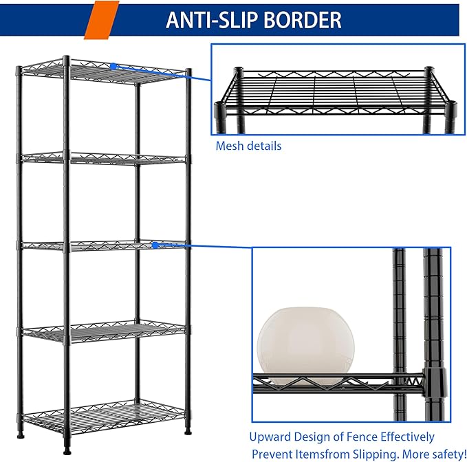REGILLER 5-Wire Shelving Metal Storage Rack Adjustable Shelves,Standing Storage Shelf Units for Laundry Bathroom Kitchen Pantry Closet(Black,11.8" D x 21.2" W x 53.5" H) - Image 5