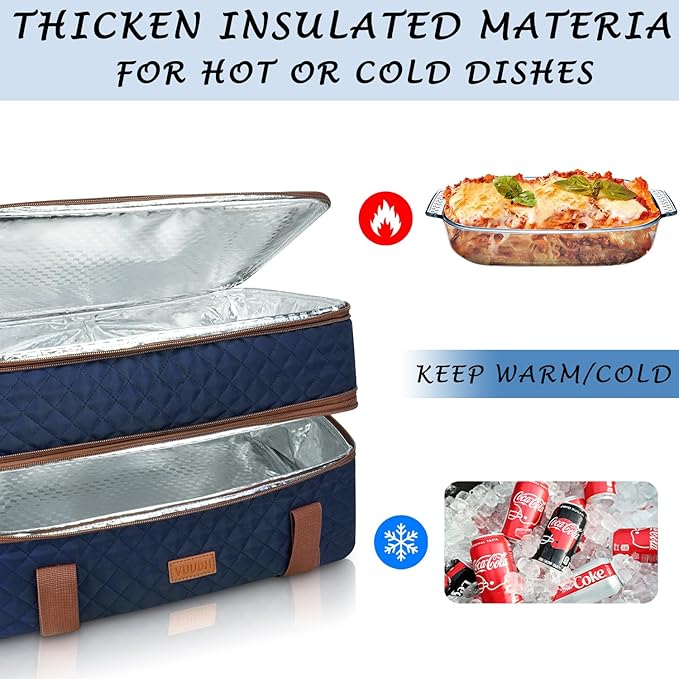 Quilted Insulated Double Casserole Carrier - Thermal Lunch Tote for Potluck Parties, Picnic, Beach, Fits 9 x 17 Inches Baking Dish, Casserole Dish, Expandable (Blue)