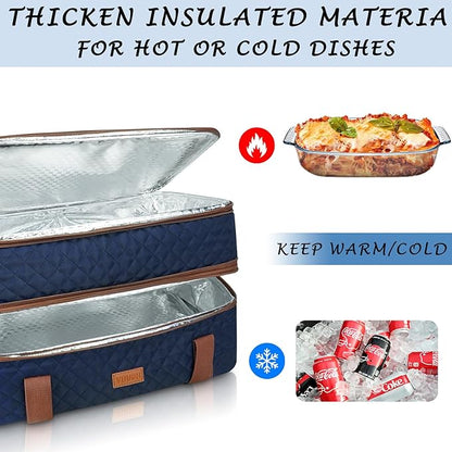 Quilted Insulated Double Casserole Carrier - Thermal Lunch Tote for Potluck Parties, Picnic, Beach, Fits 9 x 17 Inches Baking Dish, Casserole Dish, Expandable (Blue)