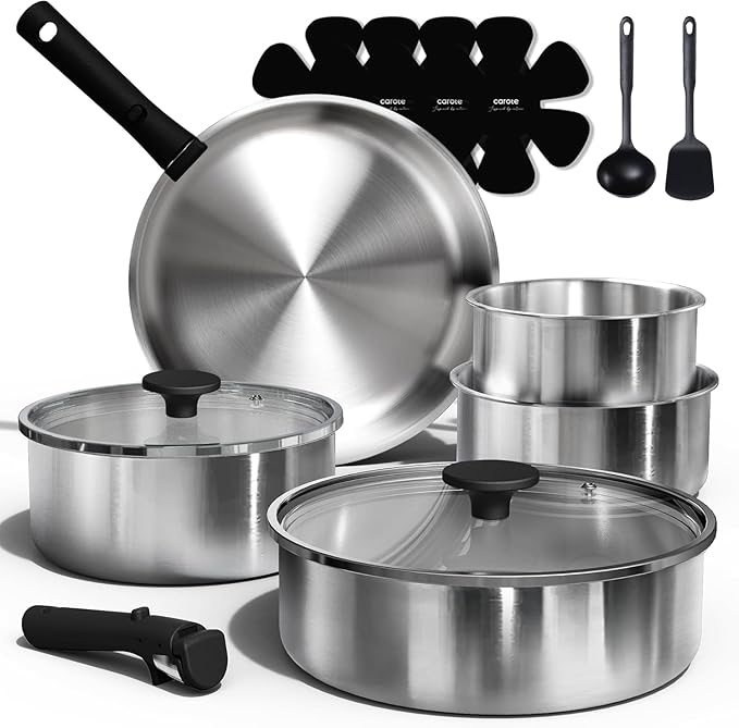 CAROTE Pots and Pans Set, Stainless Steel Cookware Set Detachable Handle, 15pcs Induction Kitchen Cookware Sets with Removable Handle, RV Cookware Set, Oven Safe, Mothers Day Gifts