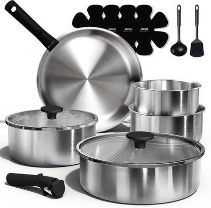 CAROTE Pots and Pans Set, Stainless Steel Cookware Set Detachable Handle, 15pcs Induction Kitchen Cookware Sets with Removable Handle, RV Cookware Set, Oven Safe, Mothers Day Gifts