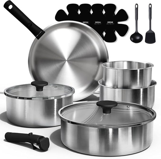 CAROTE Pots and Pans Set, Stainless Steel Cookware Set Detachable Handle, 15pcs Induction Kitchen Cookware Sets with Removable Handle, RV Cookware Set, Oven Safe, Mothers Day Gifts