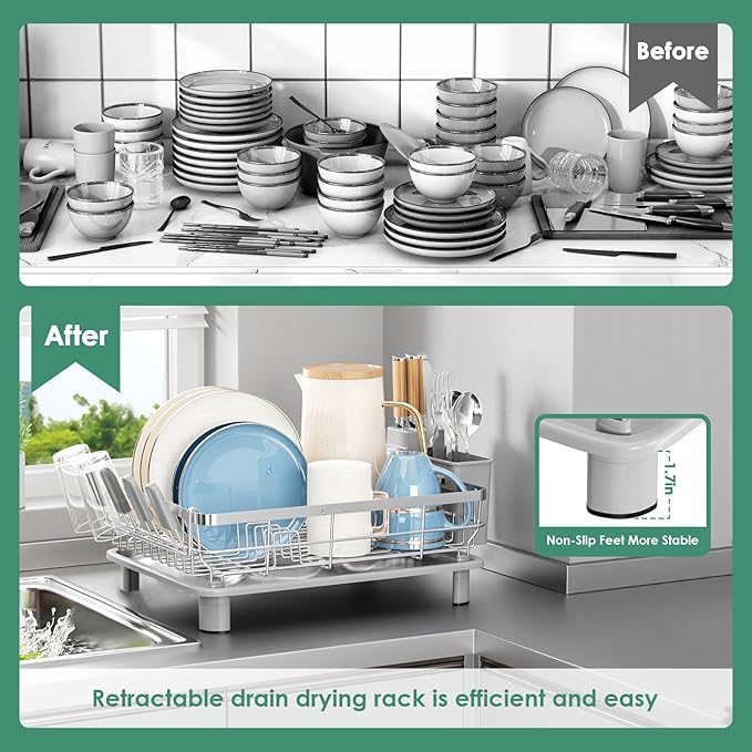 MOUKABAL Dish Drying Rack, Dish Rack, Stainless Steel Dish Racks for Kitchen Counter, Dish Drainer with Removable Utensil Holder, Drainboard (Grey,Stainless Steel,13''W x 17''L) - Image 5