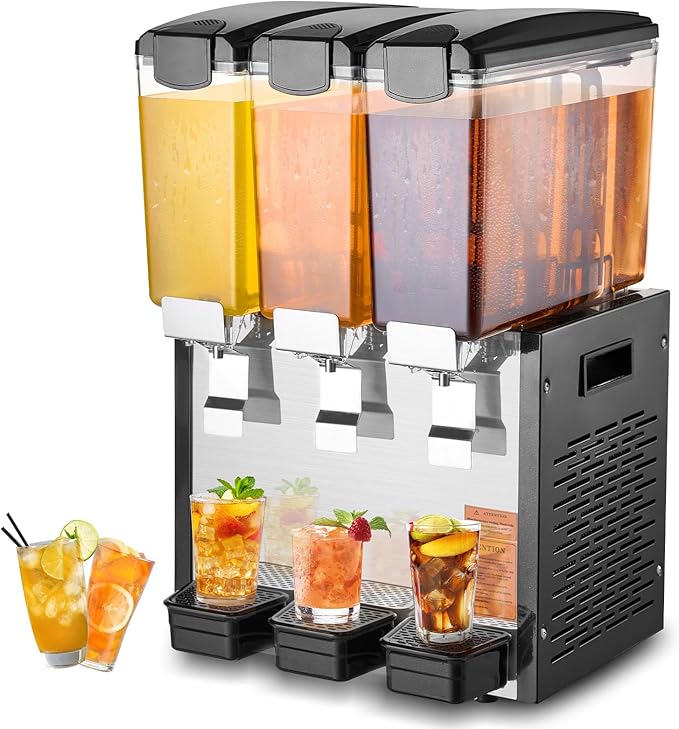 VEVOR Commercial Beverage Dispenser, 3 Tanks 10 L / 10.6 QT Per Tank Juice Dispenser, 440W Stainless Steel Ice Tea Drink Machine with 45°F-54°F Cooling Temperature, for Cold Drink Restaurant Bar Party by VEVOR