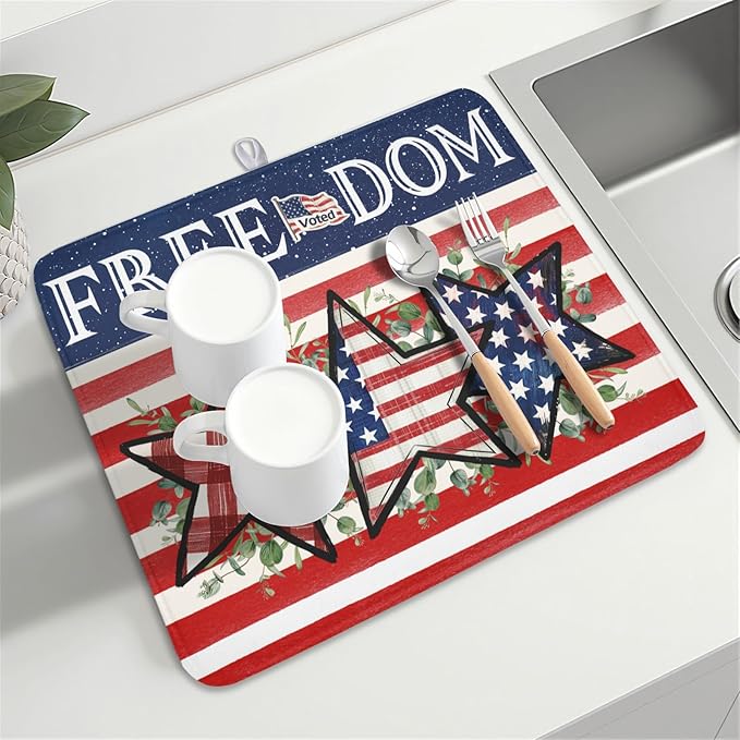 4th of July Dish Drying Mat 18x16 Inch, Patriotic Drying Mat with Absorbent Reversible Microfiber, Independence Day Dish Drainer Mats Memorial Day Rack Pad for Coffee Countertop Kitchen Protector