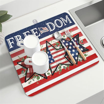 4th of July Dish Drying Mat 18x16 Inch, Patriotic Drying Mat with Absorbent Reversible Microfiber, Independence Day Dish Drainer Mats Memorial Day Rack Pad for Coffee Countertop Kitchen Protector