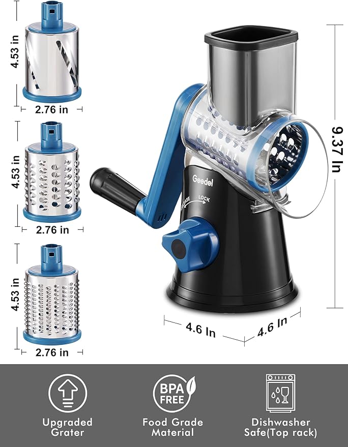 Geedel Rotary Cheese Grater, Kitchen Mandoline Vegetable Slicer with 3 Interchangeable Blades, Easy to Clean Rotary Grater Slicer for Fruit, Vegetables, Nuts - Image 8