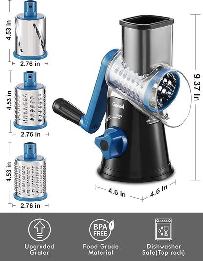 Geedel Rotary Cheese Grater, Kitchen Mandoline Vegetable Slicer with 3 Interchangeable Blades, Easy to Clean Rotary Grater Slicer for Fruit, Vegetables, Nuts - Image 8