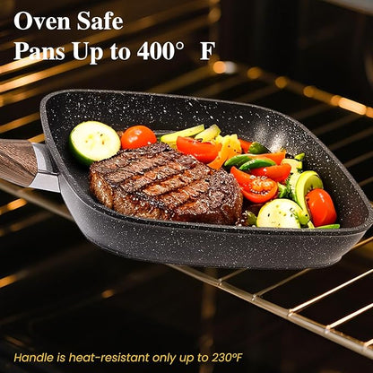 3 Pcs Pots and Pans Set, Nonstick & Non-Toxic Healthy Pots and Pans with Wooden Handle, Durable Skillet Indoor & Outdoor Use, All Stovetops Compatible, PFOA Free, Black