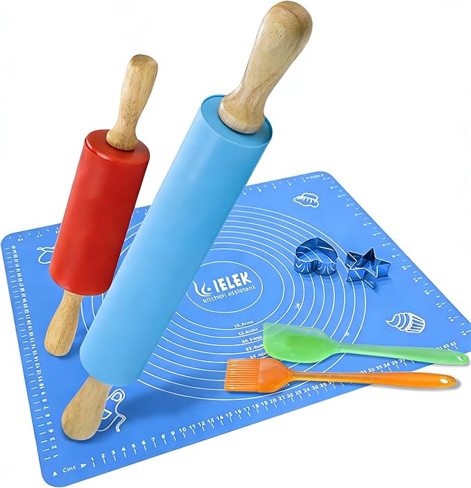 Non-Stick Rolling Pin Silicone Basting Pastry Mat Spatula Brushes Set:Combo Kit of Large and Small Dough Rollers and 2 Stainless Steel Cookie Cutters for Baking