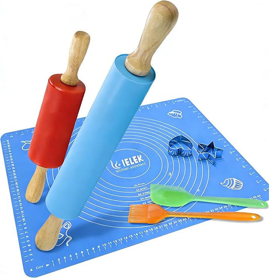 Non-Stick Rolling Pin Silicone Basting Pastry Mat Spatula Brushes Set:Combo Kit of Large and Small Dough Rollers and 2 Stainless Steel Cookie Cutters for Baking