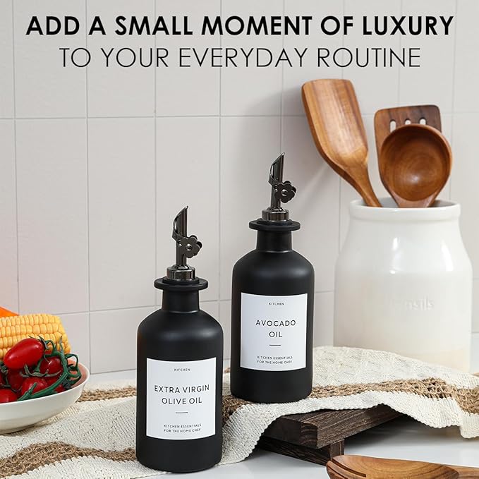 HOMCDALY Olive Oil Dispenser for Kitchen, 11.8oz Glass Kitchen Dispenser Bottle, Black Oil&Vinegar Cruet Set, Leakproof Olive Oil Bottles | Set of 2 (11.8oz – Black) - Image 7