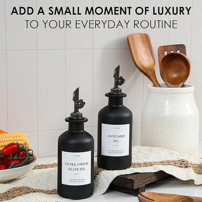 HOMCDALY Olive Oil Dispenser for Kitchen, 11.8oz Glass Kitchen Dispenser Bottle, Black Oil&Vinegar Cruet Set, Leakproof Olive Oil Bottles | Set of 2 (11.8oz – Black) - Image 7