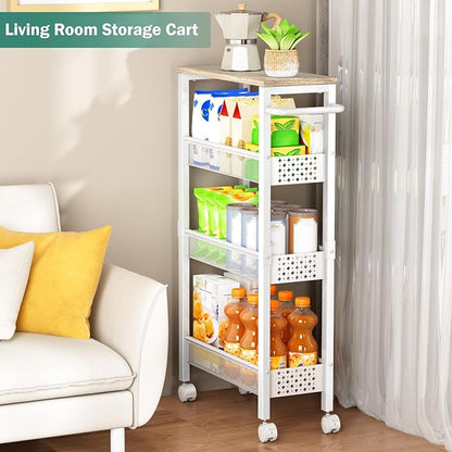 Vivihomety Utility Slim Storage Cart, 4 Tier Small Rolling Kitchen Laundry Room Cart with Wood Top, Metal Bathroom Storage Cabinet Mobile Shelf Unit Organizer Trolley with Handle for Narrow Space - Image 6