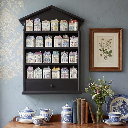 Chunful Vintage Spice Jar Wooden Rack with 4 Shelves and Drawer Hanging Spice Rack Wall Mounting Kitchen Storage Village Style Display Shelf for 24 Jars, Shelf Only(Classic Black)