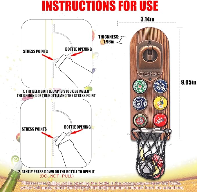 Wooden Beer Bottle Openers with Magnetic Catcher, Personalised Traceless Bottle Opener Wall Mounted, Home Bar Accessories for Kitchen, Garden, Outdoor, Ideal Beer Gifts for Men (Style 5)