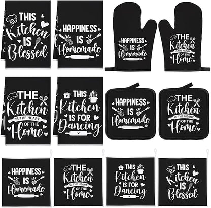 12 Pcs Farmhouse Kitchen Decor and Accessories Sets 4 Black Kitchen Towels 4 Absorbent Dishcloths 2 Pot Holders 2 Oven Mitts Gloves for Home Decorations Mom Gifts