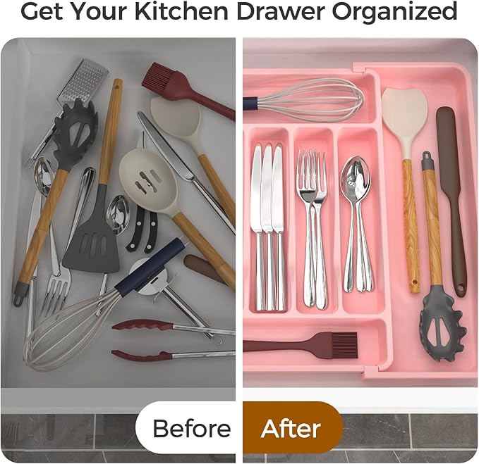 ukeetap Extra Large Expandable Silverware Organizer, BPA-Free Food-Safe Cutlery Flatware Organizer, Kitchen Utensil Drawer Organizer, Adjustable Silverware Holder for Spoons Forks Knives, Pink - Image 6