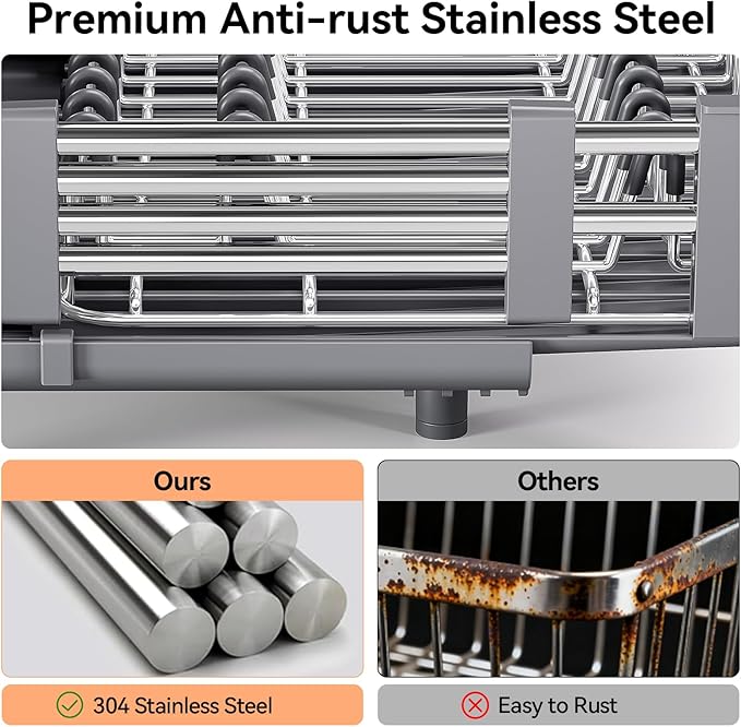 Urackify Stainless Steel Dish Drying Rack - Dish Drainer for Kitchen Counter, Extendable Drainboard with Foldable, Space-Saving Cup & Bowl Organizer, Includes Knife and Utensil Holder, Gray - Image 8