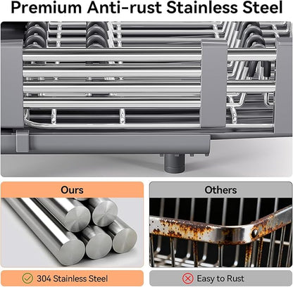 Urackify Stainless Steel Dish Drying Rack - Dish Drainer for Kitchen Counter, Extendable Drainboard with Foldable, Space-Saving Cup & Bowl Organizer, Includes Knife and Utensil Holder, Gray - Image 8