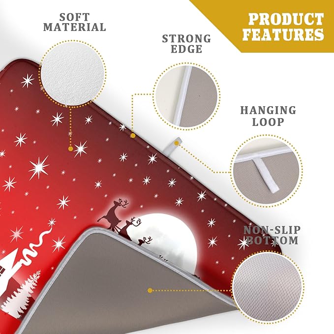 Christmas Reindeer Moon Star Red Dish Drying Mat for Kitchen Counter,White Xmas Tree Castle Drying Mat 18 x 24 Inch with Absorbent Reversible Microfiber Dish Drying Pad for Coffee Bar - Image 4